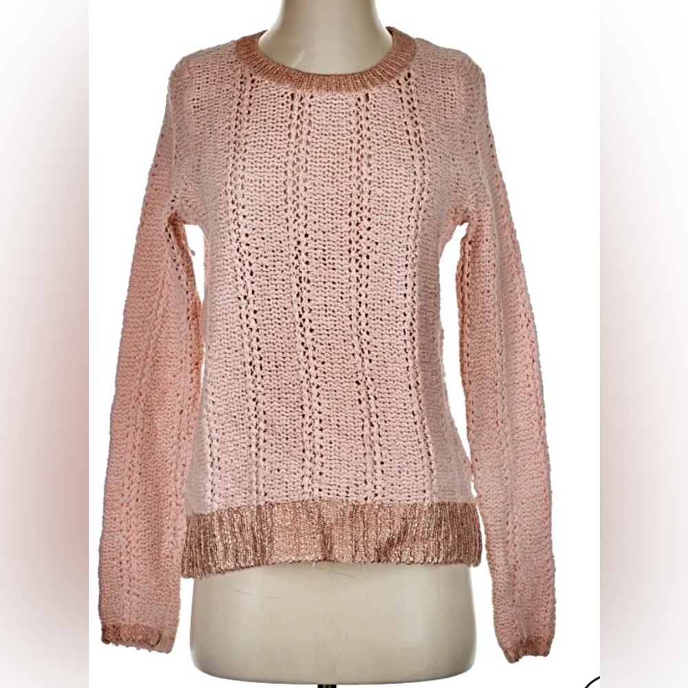 Moth Anthropologie Crewneck Sweater Cotton Wool Rose Gold Details on Pink Sz. XS